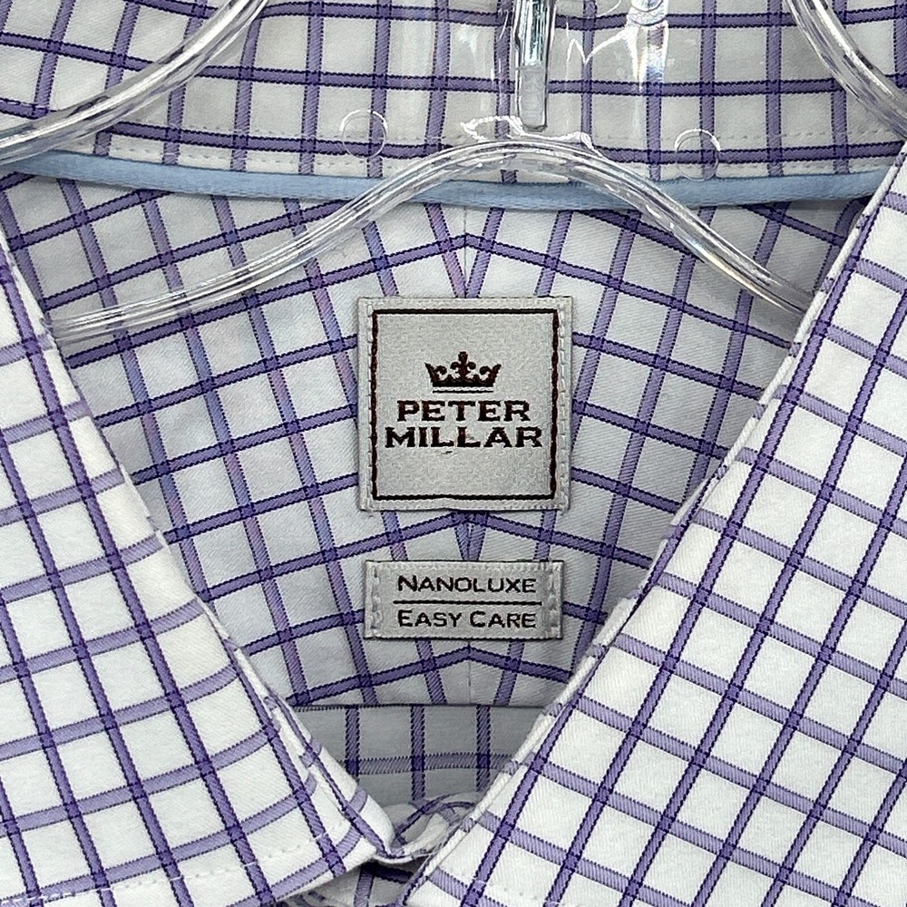 Peter Millar Dress Shirt Mens 17 Long Purple Grid Check Button Up Nanoluxe Dress - Picture 5 of 14
